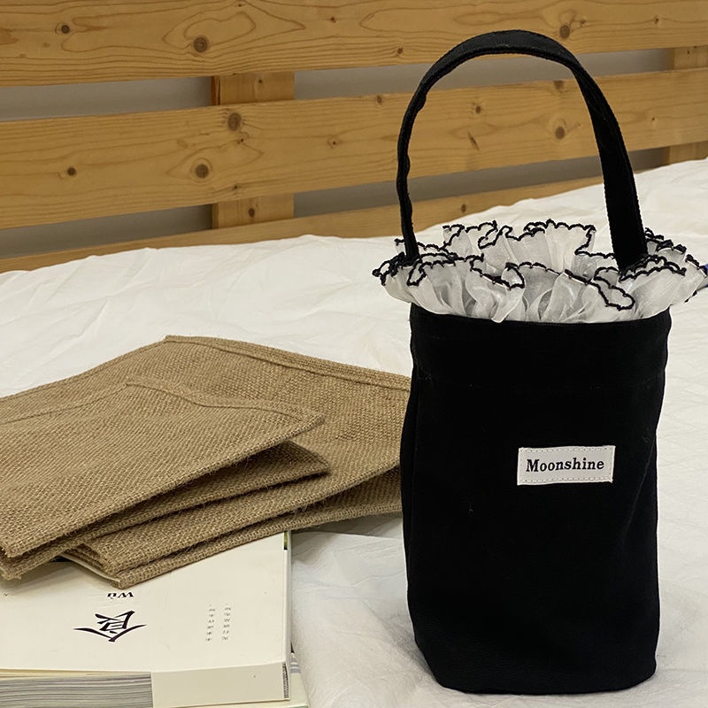 Túi Vải Canvas Đựng Bình Nước / Dù Màu Trơn Dễ Thương Phong Cách Hàn Quốc