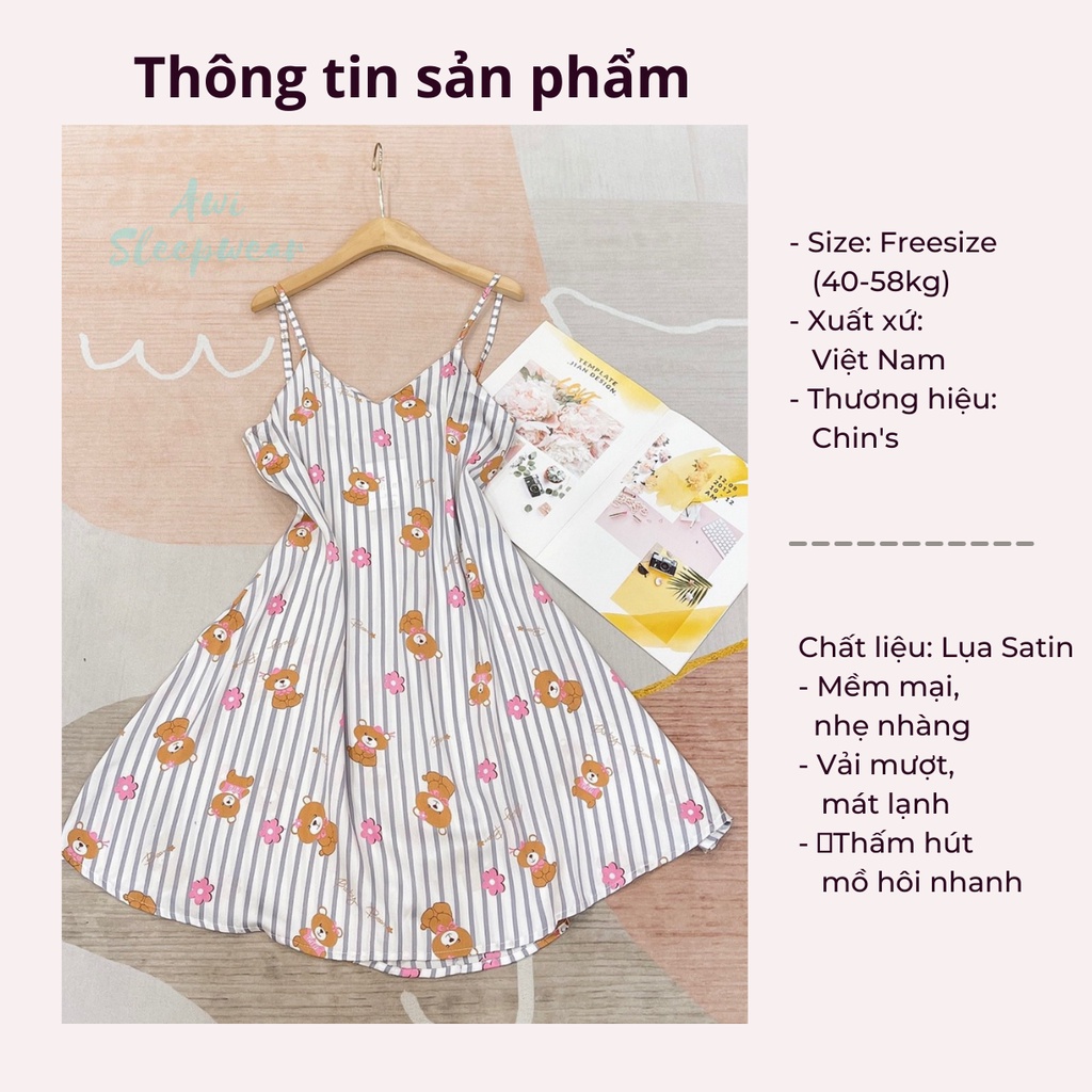 Váy Ngủ 2 Dây Nhỏ Hình Gấu Dễ Thương Lụa Satin Mát Lạnh - Awi Sleepwear