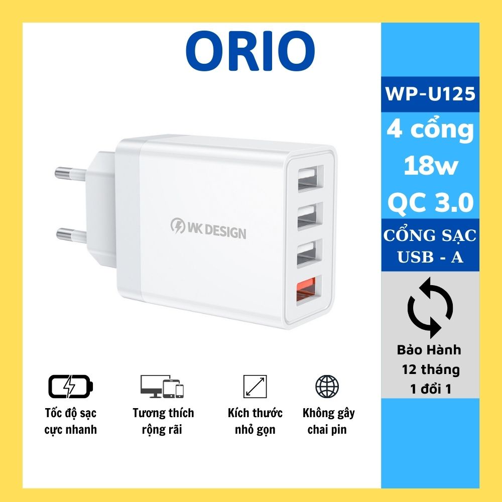 Củ sạc nhanh WK WP-U125 4 cổng 18W QC 3.0 cho điện thoại tai nghe Bluetooth pin dự phòng - Orio