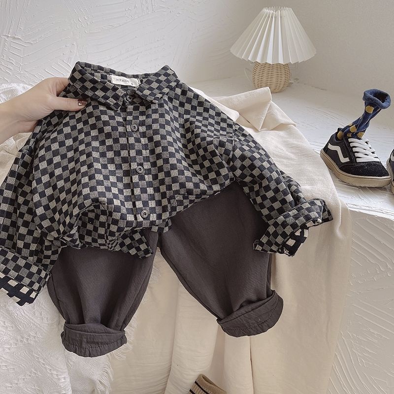 Áo Sơ Mi Caro Chất Liệu Cotton Mềm Mại Phong Cách Retro Hàn Quốc Cho Bé Trai