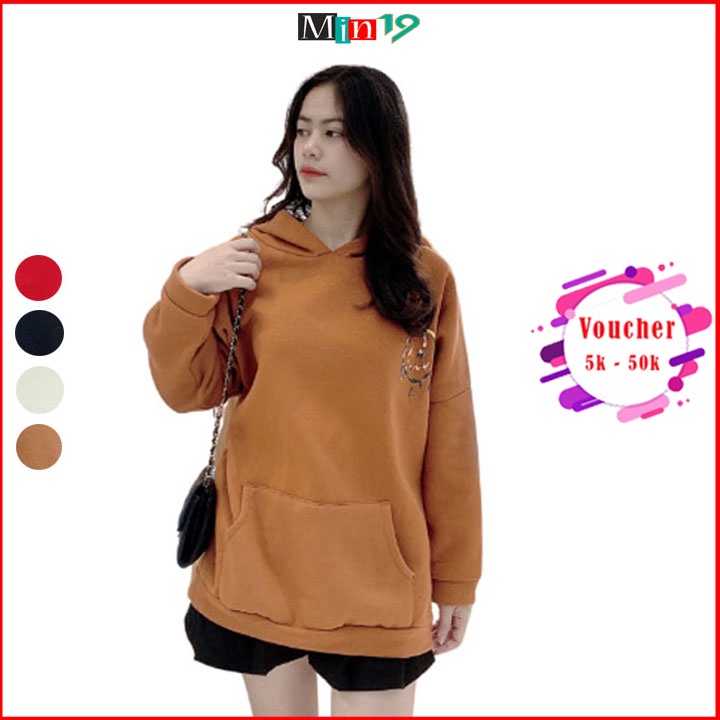 Áo hoodie nữ cute nỉ bông form rộng dày có mũ kiểu unisex oversize dấu quần màu đỏ đen trắng nâu thời trang Hàn Quốc