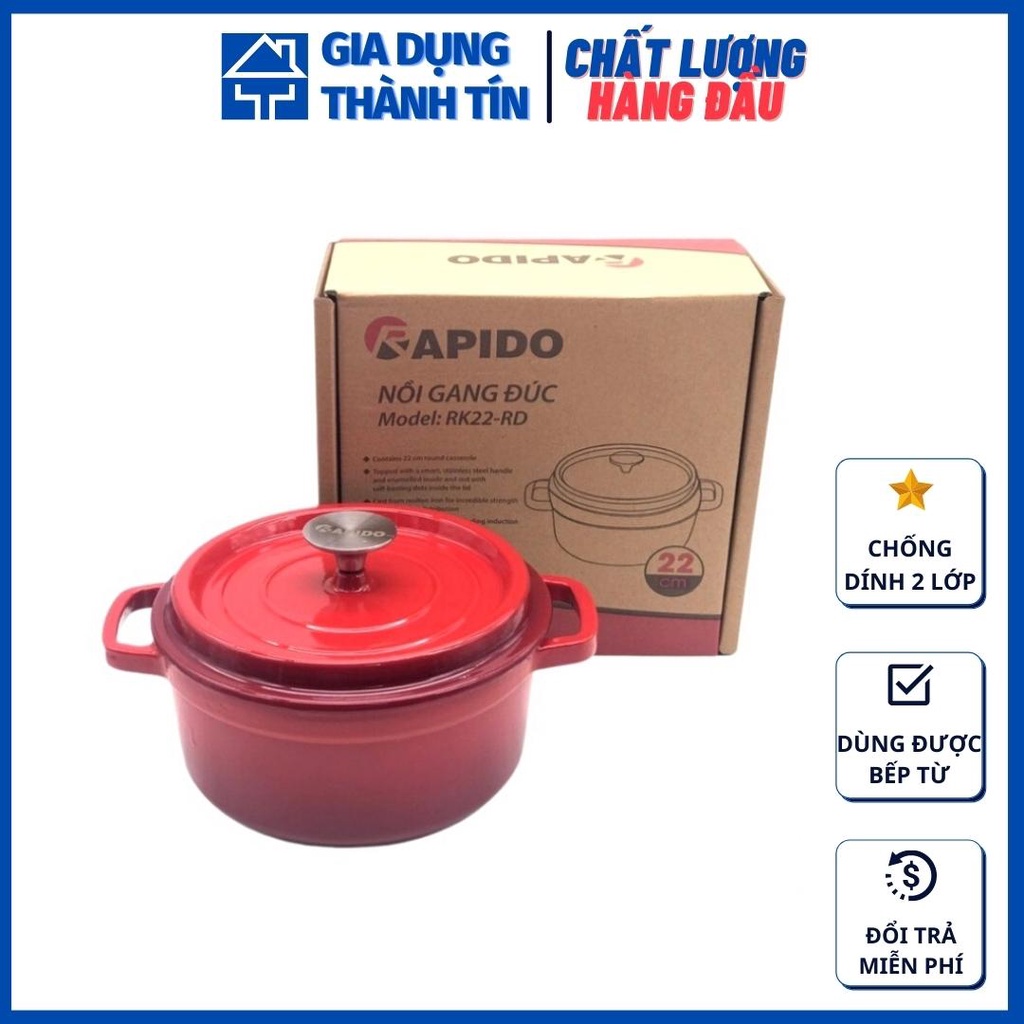 Nồi gang đúc nguyên khối, lòng tráng men Rapido 20-22-24cm - dùng cho bếp từ, bếp hồng ngoại, bếp ga