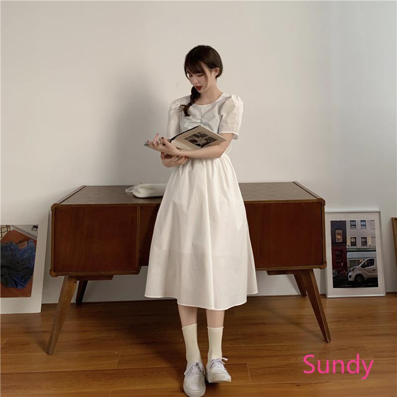 Đầm Tay Phồng Hở Lưng Thắt Nơ Phong Cách Vintage Thời Trang Mùa Hè Cho Nữ