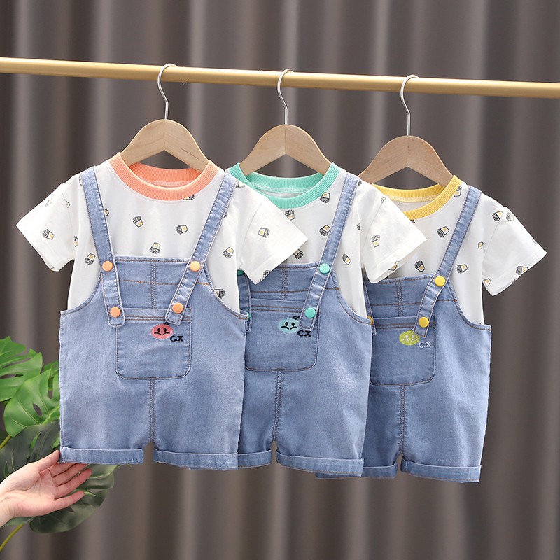 Set Áo Thun Cổ Tròn &amp; Quần Yếm Denim Cho Bé