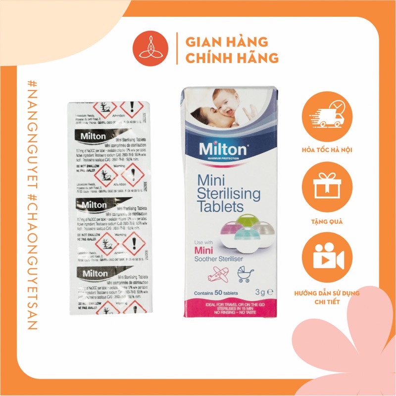 Viên tiệt trùng khử khuẩn cốc/ đĩa nguyệt san Milton hộp 50 viên (5 vỉ mỗi vỉ 10 viên mini) xuất xứ Anh quốc, date xa