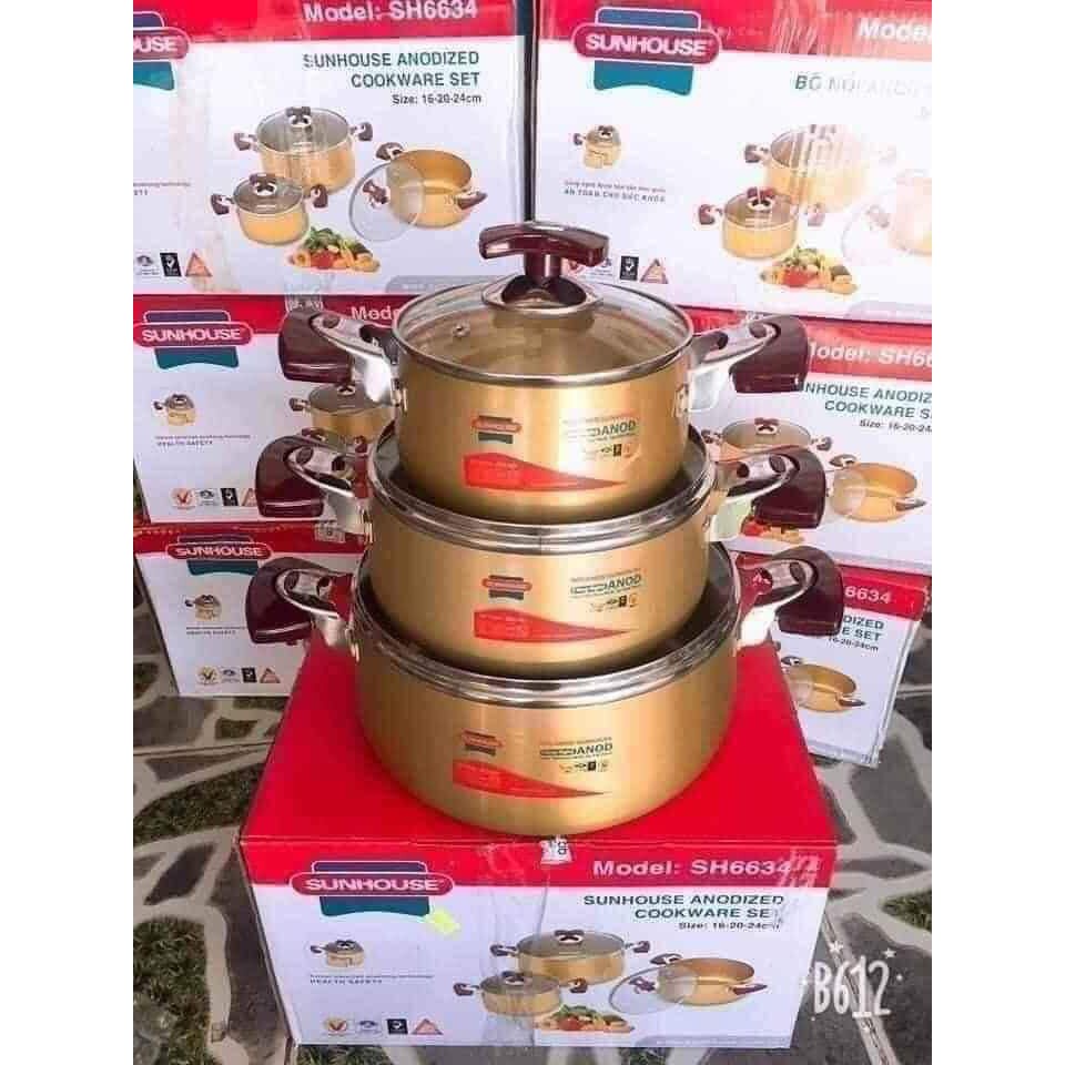 Bộ nồi Sunhouse SH6634 3 cái nắp thủy tinh,nồi chất liệu nhôm có thể dùng bếp gas, bếp hồng ngoại