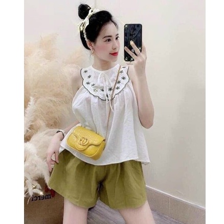 Set bộ sơ mi sát nách thêu hoa mix quần đùi tacta xanh cốm BN965