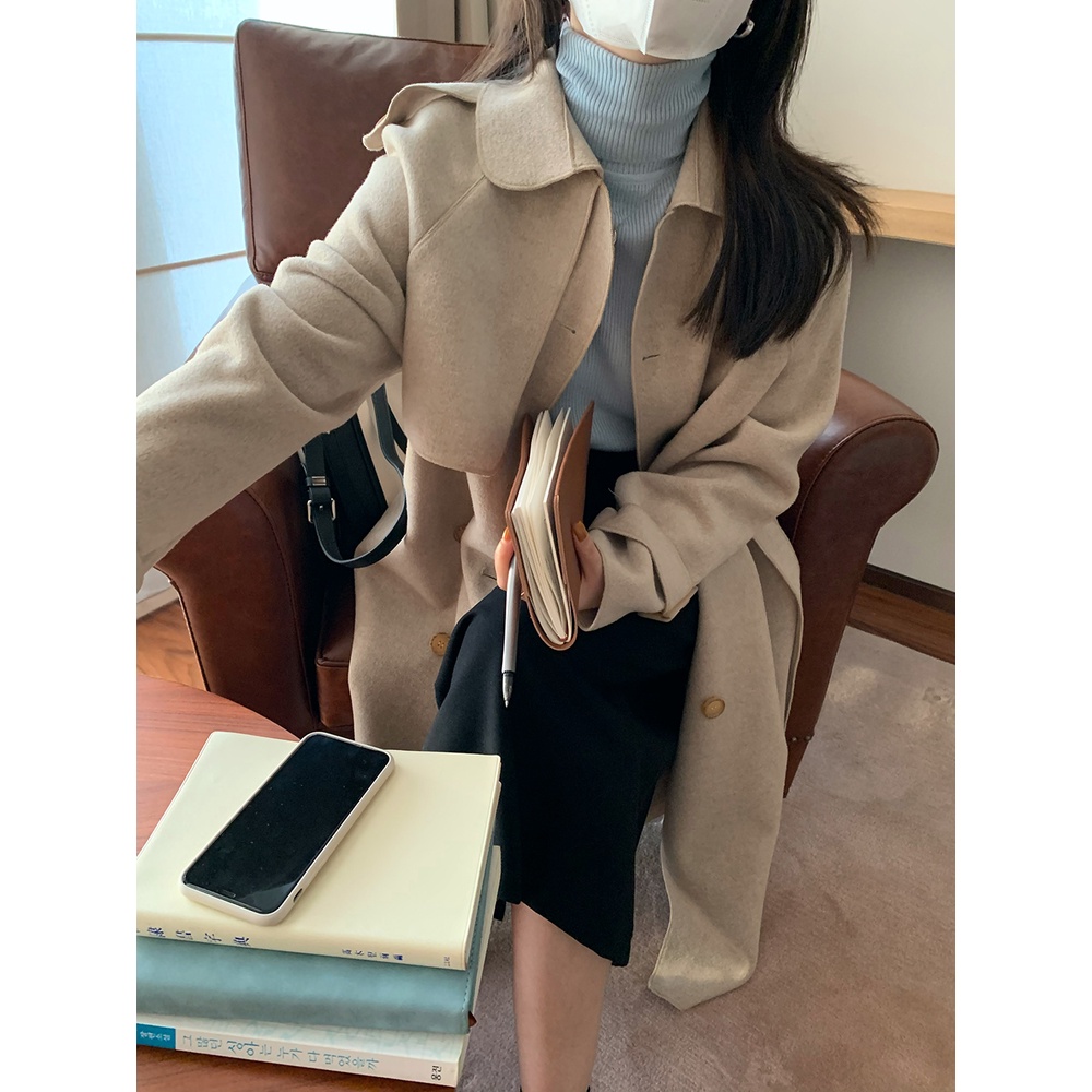 Áo dạ nữ thanh lịch áo khoác dạ dáng dài khoác dây mùa thu và mùa đông