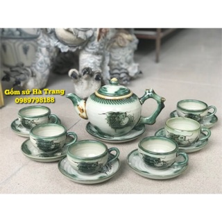 Bộ ấm chén men giả cổ vẽ hoạ tiết cá  Ấm cách điệu gốc cây 