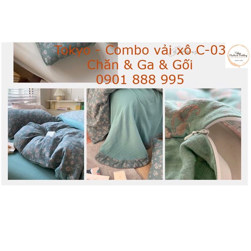 BST Thu Đông _ Vỏ Chăn Ga Gối vải Xô Organic cotton dòng cao cấp hoạ tiết bông nhỏ nền xanh