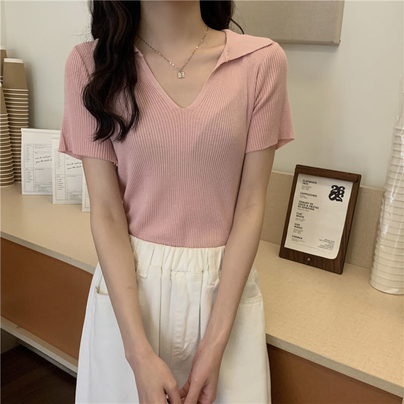 Áo Croptop Nữ Tay Ngắn Cổ Chữ V Polo Dáng Ôm Thoáng Mát Màu Trơn Thanh Lịch 8 Màu Tùy Chọn Thời Trang | BigBuy360 - bigbuy360.vn