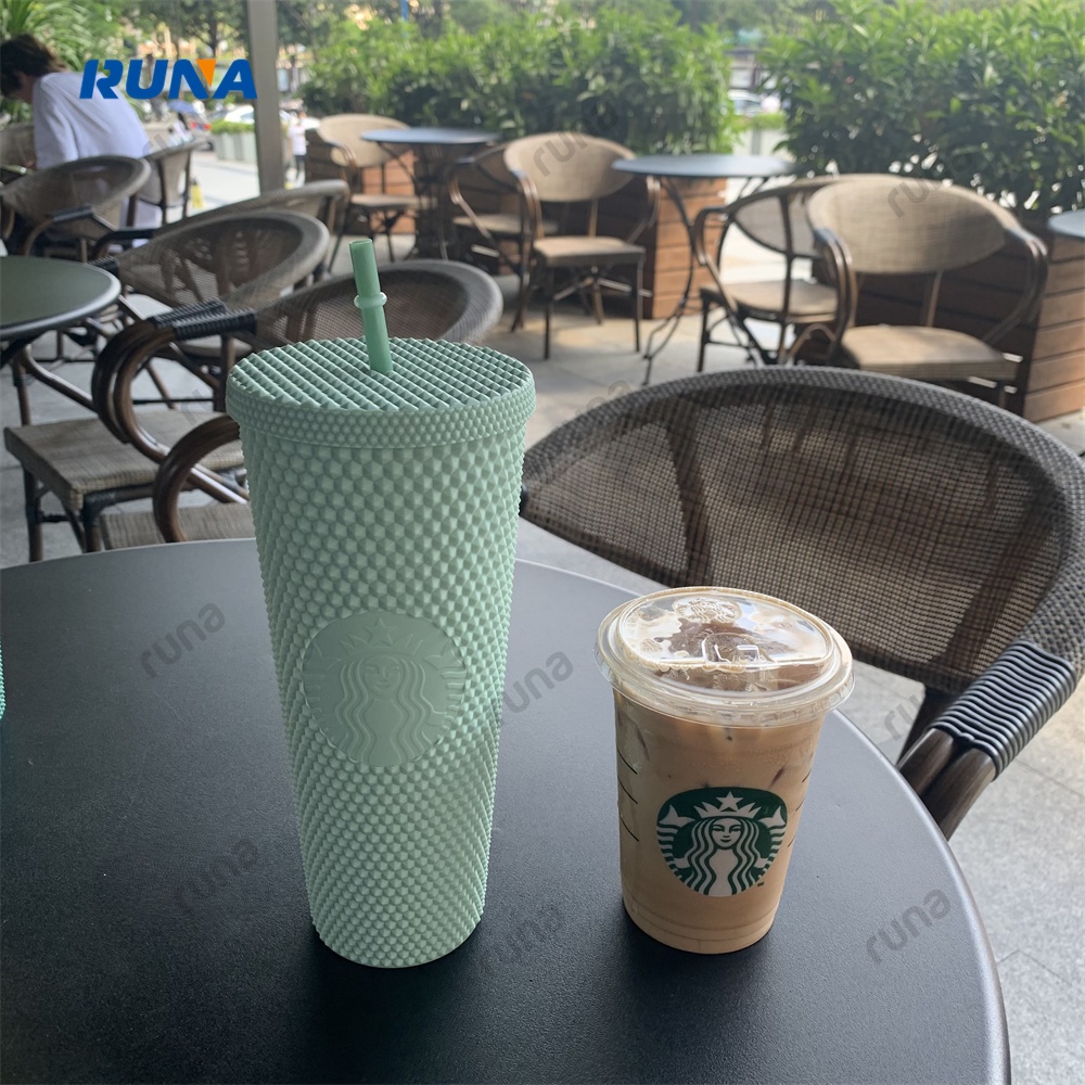 Ly Uống Nước Starbucks Có Ống Hút Màu Xanh Bạc Hà Họa Tiết Vân Kim Cương