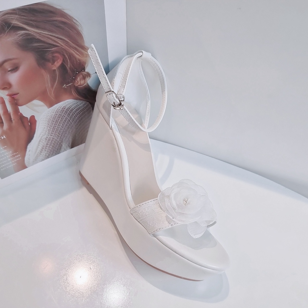 Giày cưới sandal cao gót xuồng nữ phối ren đính hoa cao 11cm đúp trước 3cm phù hợp đi tiệc đám cưới Cillie 1110