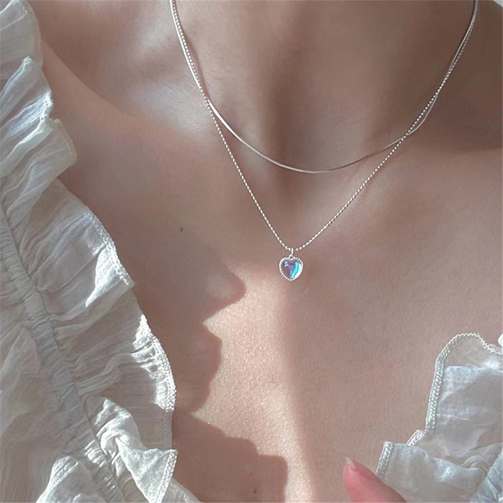 Vòng Cổ Choker Hai Lớp Đính Đá Mặt Trăng Trái Tim Màu Gradient Thời Trang Hàn Quốc Cho Nữ