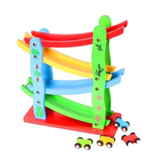 Đồ chơi xe cầu trượt ziczac 4 tầng bằng gỗ có 4 oto đi kèm
