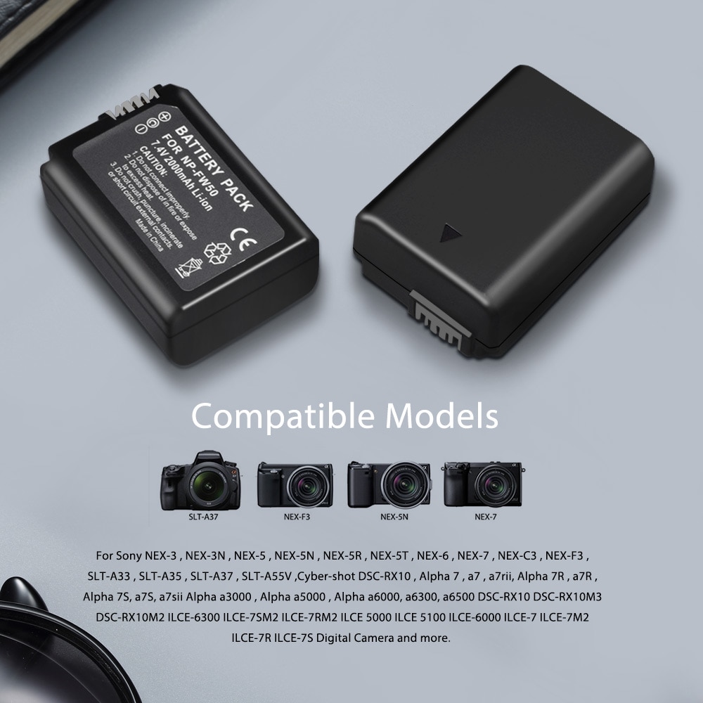 2 pin máy ảnh 2000mAh NP-FW50 NP FW50 + Bộ sạc kép USB LCD cho Sony Alpha a6500 a6300 a6000 a5000 a3000 NEX-3 a7R