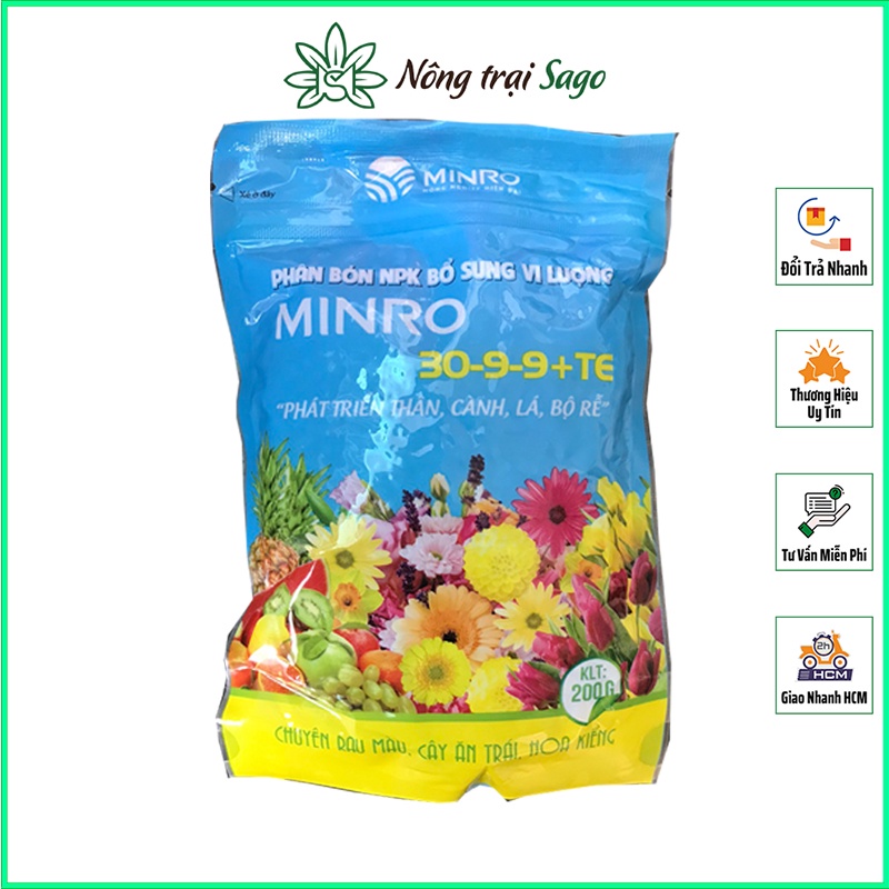 Phân Bón Hỗn Hợp PHÁT TRIỂN THÂN, CÀNH, LÁ, BỘ RỄ MINRO 30-9-9-TE (gói 200gr) - Nông Trại Sago