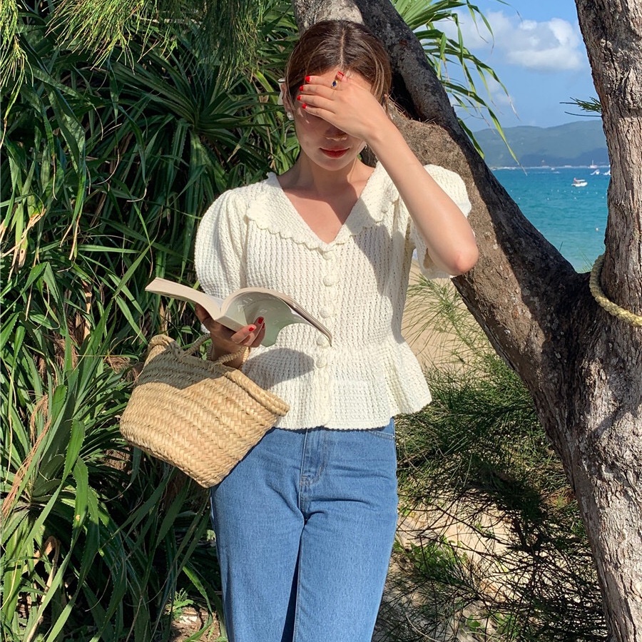 Áo dệt kim SUXI tay phồng ngắn màu trơn thanh lịch cho nữ