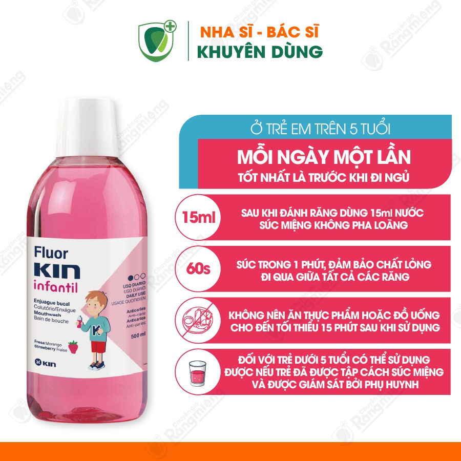 Nước súc miệng cho bé Fluor Kin Infantil, Ngăn ngừa Sâu răng, Hương Dâu, Dùng cho trẻ trên 5 tuổi, Chai lớn 500ml