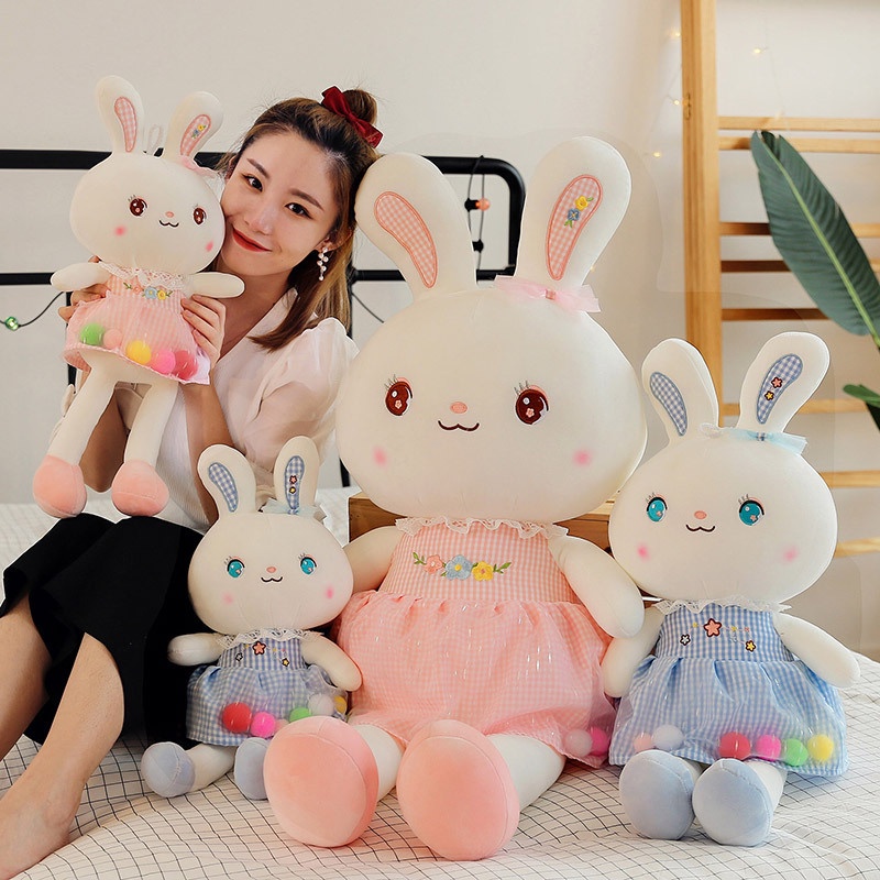Gấu bông thỏ váy ren thêu hoa dễ thương 2 màu xanh hồng hàng cao cấp PIKAA