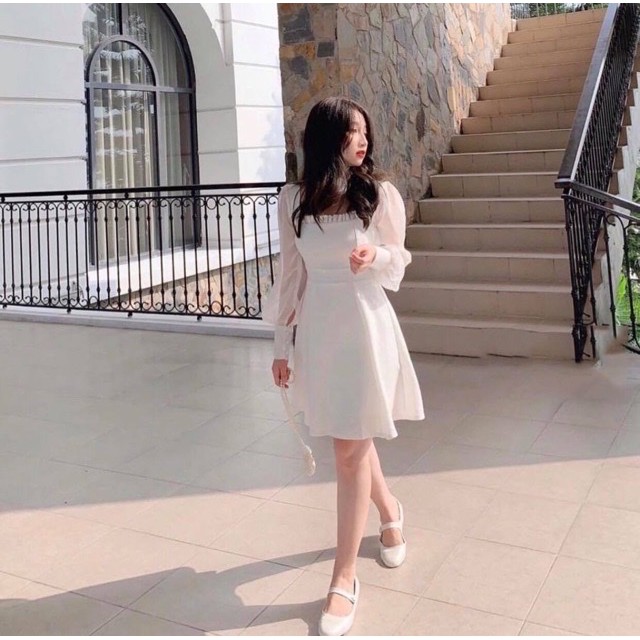 Babe Dress - Đầm nữ trắng xòe phong cách hàn quốc tay phồng cổ vuông xếp ly chất cotton - cece house