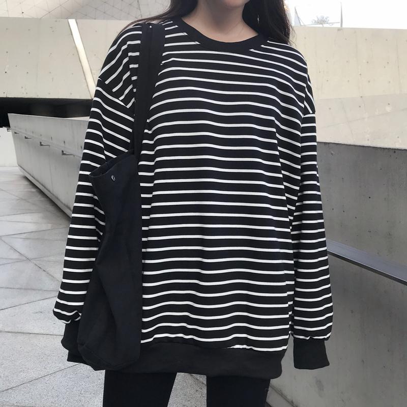Áo Thun Tay Dài Dáng Rộng Họa Tiết Kẻ Sọc Trắng Đen Phong Cách Harajuku Nhật Bản Thời Trang Cho Học Sinh