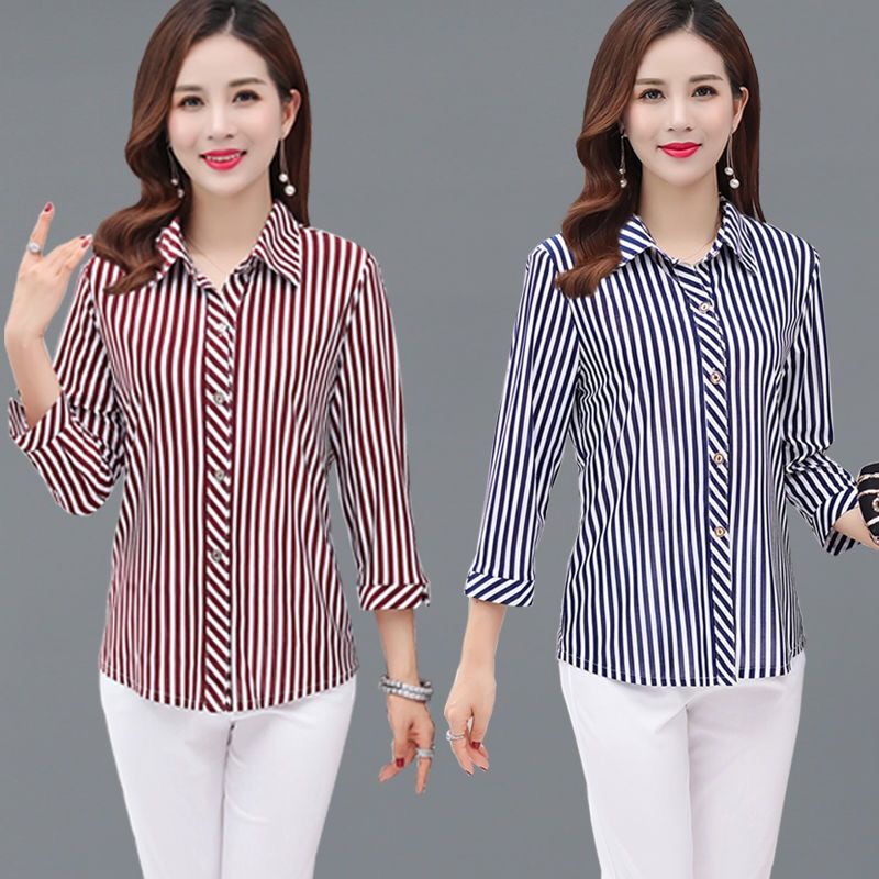 Áo Sơ Mi Lụa Lạnh Kẻ Sọc Thời Trang Mùa Hè Dành Cho Nữ Trung Niên 40-50 Tuổi