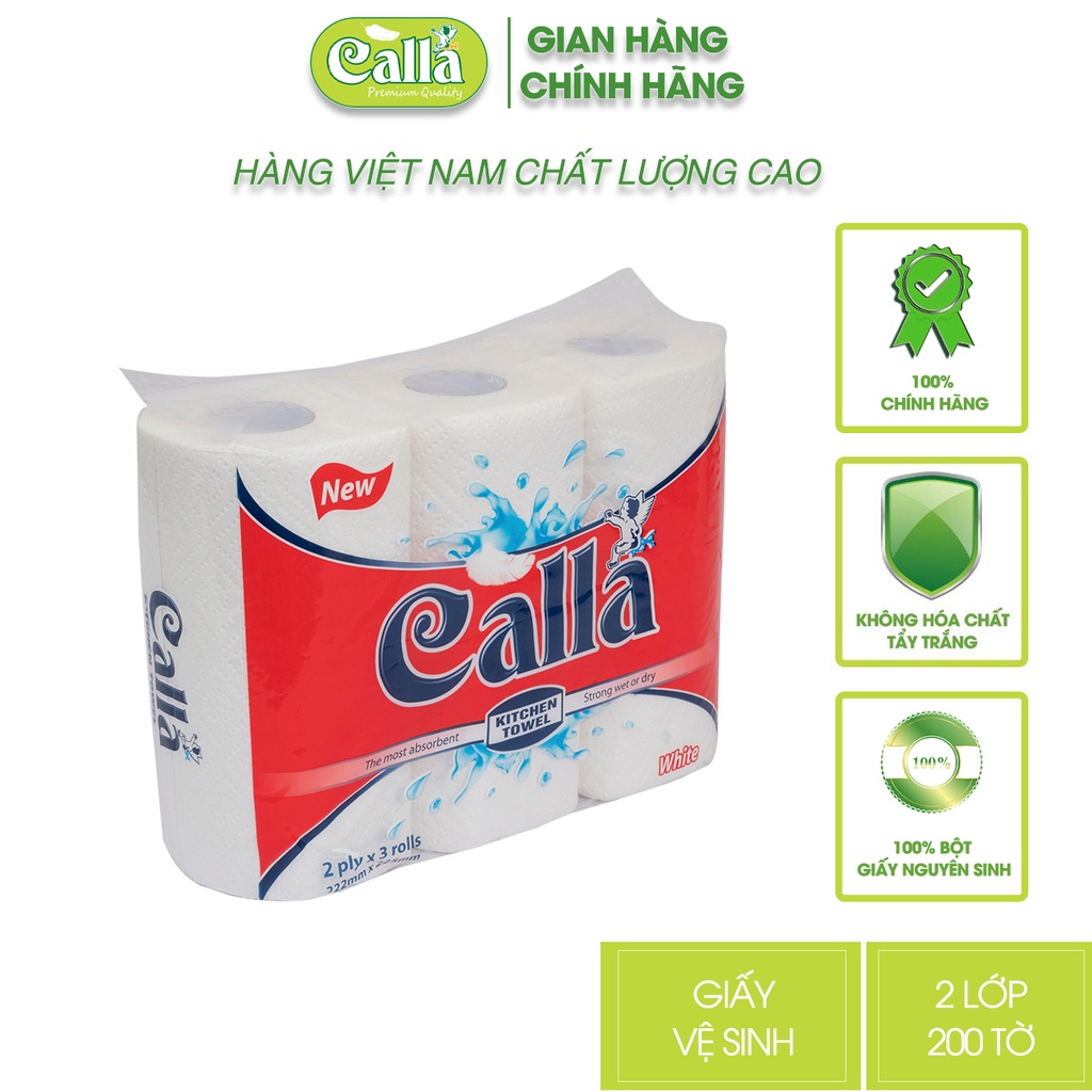 Giấy bếp Calla 2 lớp x 200 tờ x 3 cuộn siêu dày dai, không mủn, thấm dầu mỡ, nước siêu tốt, nguyên liệu Indonesia
