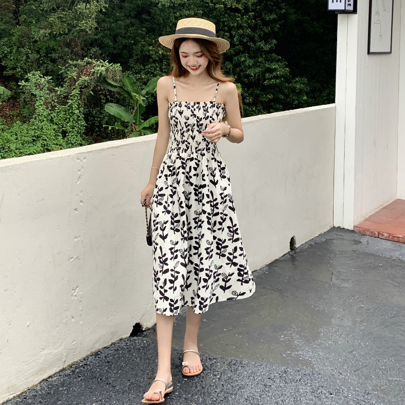 Áo/ Đầm maxi XIAOZHAINV hai dây họa tiết hoa thời trang Hàn Quốc cho nữ