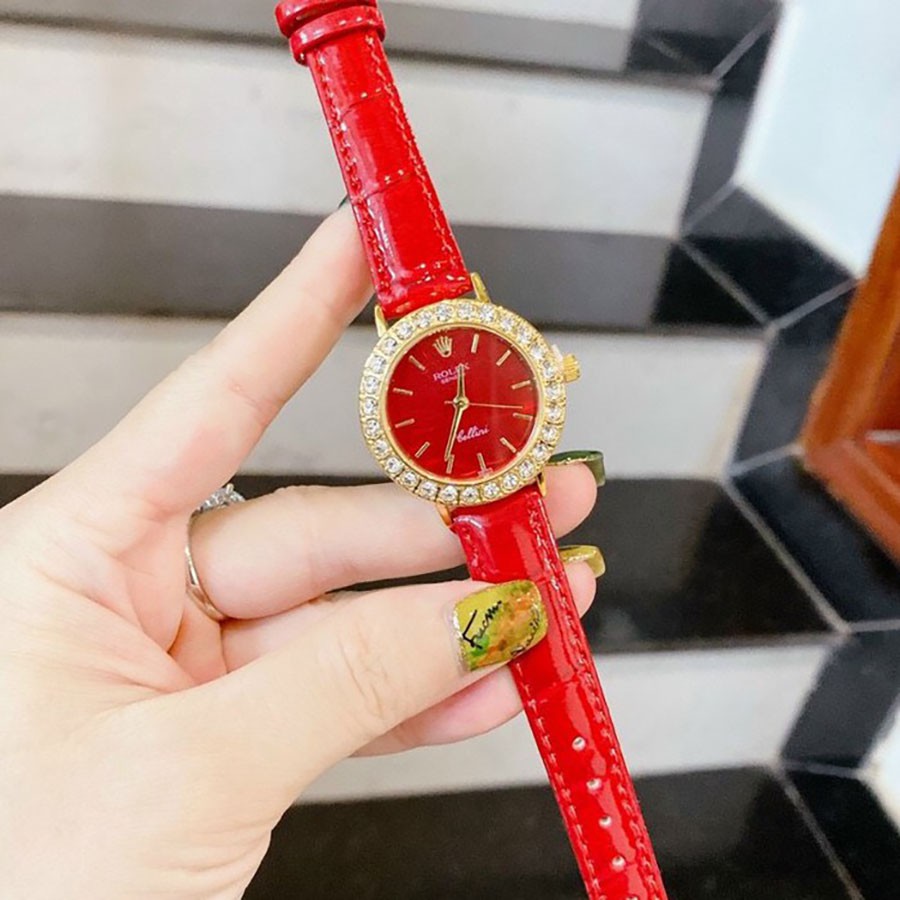 Đồng hồ nữ rolex viền đính đá dây da cao cấp đủ màu - bảo hành
