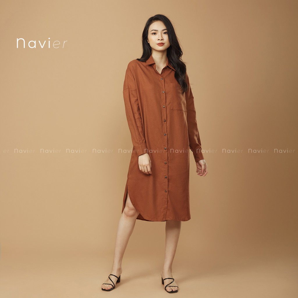ĐẦM SƠ MI NỮ DÁNG DÀI SUÔNG KÈM DÂY ĐAI PHONG CÁCH ULZZANG - LINEN SHIRT DRESS D03 NAVIER | BigBuy360 - bigbuy360.vn