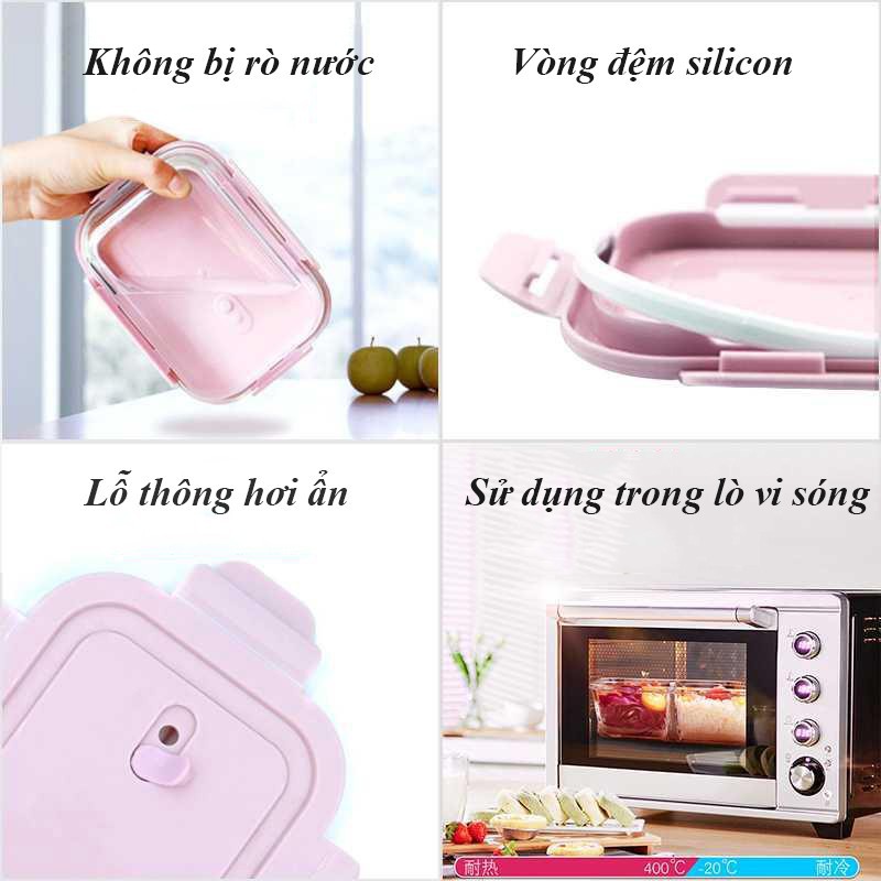 Bộ hộp đựng cơm thủy tinh cao cấp Glass Food, 2 Hộp cơm thủy tinh văn phòng + Kèm túi giữ nhiệt đựng đồ ăn - missfly