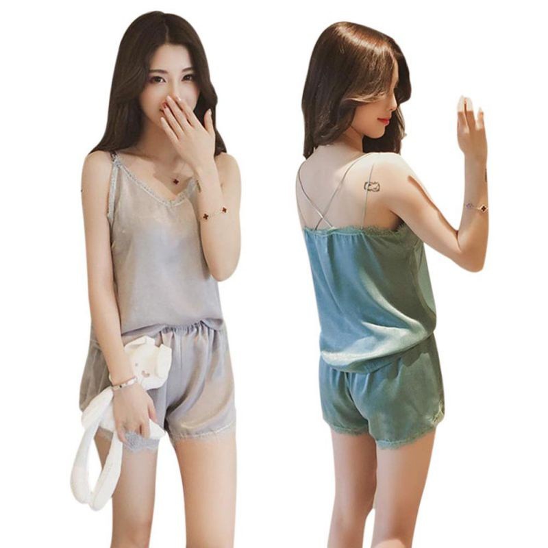 Bộ áo ngủ 2 dây màu trơn kèm quần ngắn thời trang cho nữ | BigBuy360 - bigbuy360.vn