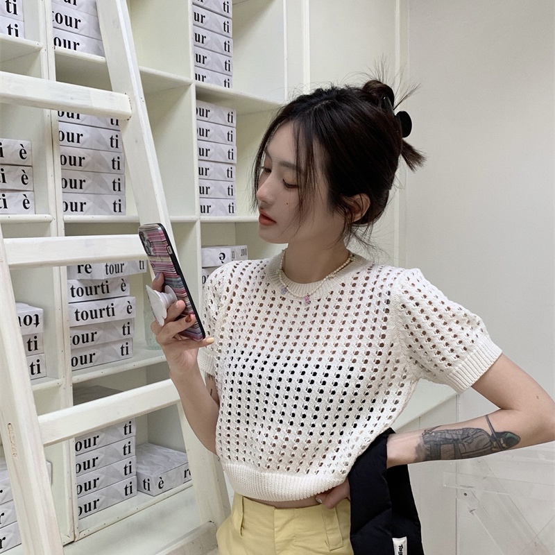 IELGY Áo Thun Dệt Kim Tay Ngắn Dáng Rộng Đục Lỗ Kiểu Hàn Quốc Thời Trang Cho Nữ