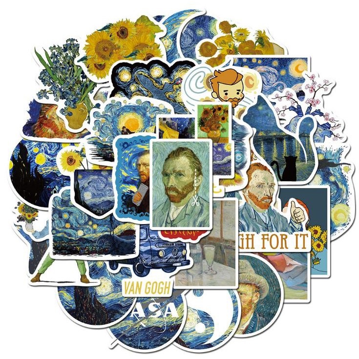Bộ sticker chủ đề họa sĩ vangogh phong cách hội họa trang trí mũ bảo hiểm, laptop, ván trượt, vali
