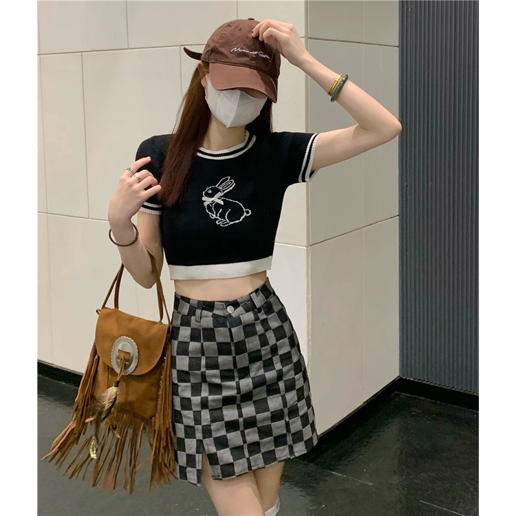 Cocory vn Áo Thun Dệt Kim Tay Ngắn Cổ Tròn Thêu Hình Thỏ Thời Trang Mùa Hè Quyến Rũ Cho Nữ