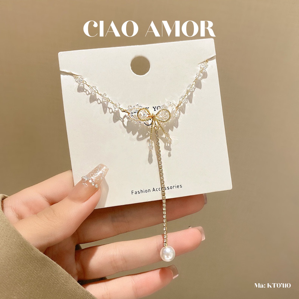 Dây chuyền nữ, Vòng cổ lấp lánh tiểu thư lấp lánh dự tiệc ngọc đính nơ dài Trang sức Ciao Amor - KT0410