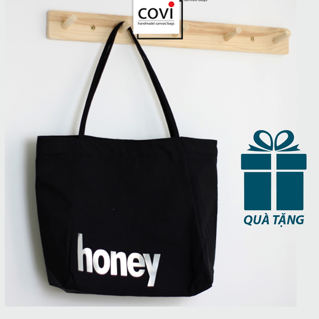 Túi Vải Tote, Vải Canvas, Đeo Vai Hàn Quốc, đựng giấy A4  in chữ HONEY thời trang COVI màu sắc T19