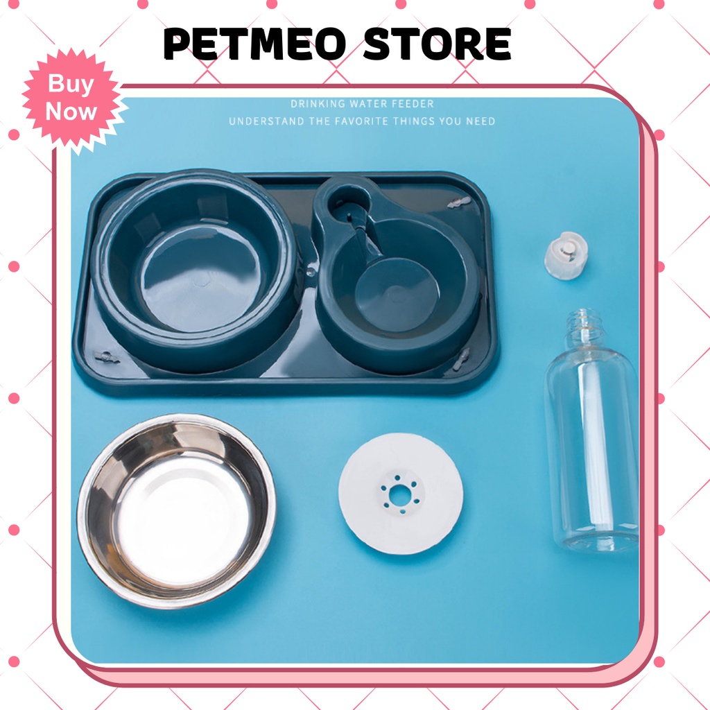 Bát ăn cho chó mèo thiết kế chống kiến có kèm bình nước tự động 500ml - PETMEO