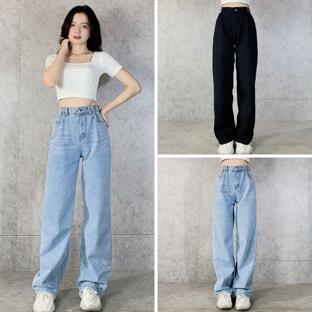 Quần jean suông móc cài EMIX (2 màu), unisex, dáng dài, cạp cao, form thụng, vải jean mềm nhẹ, cá tính