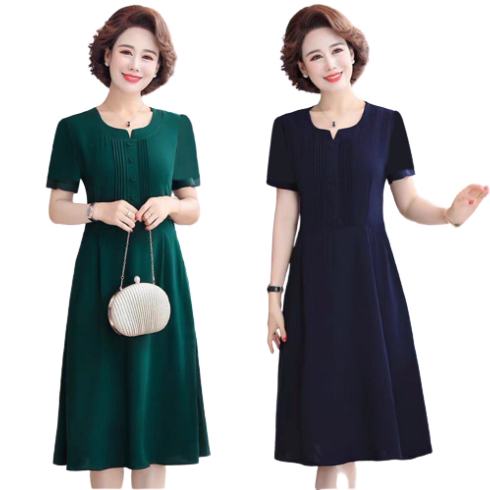 Đầm trung niên dự tiệc u50 sang trọng Thiên Tú kiểu cổ tròn tay ngắn chất voan lụa mát mẻ dài đến cổ chân