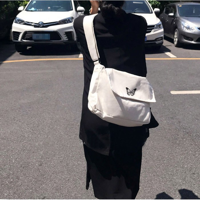 Túi tote vải đeo chéo thêu bướm butterfly unisex nam nữ Hàn Quốc