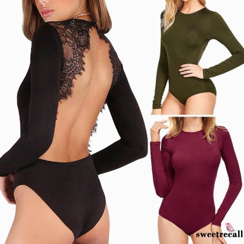 Bodysuit dài tay hở lưng phối ren phong cách quyến rũ dành cho nữ