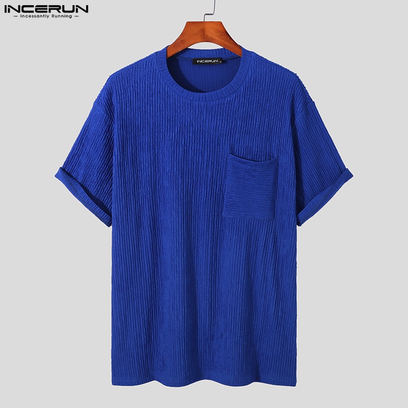 Áo thun INCERUN màu trơn mùa hè dáng rộng tay cộc có túi diềm xếp nếp cho nam