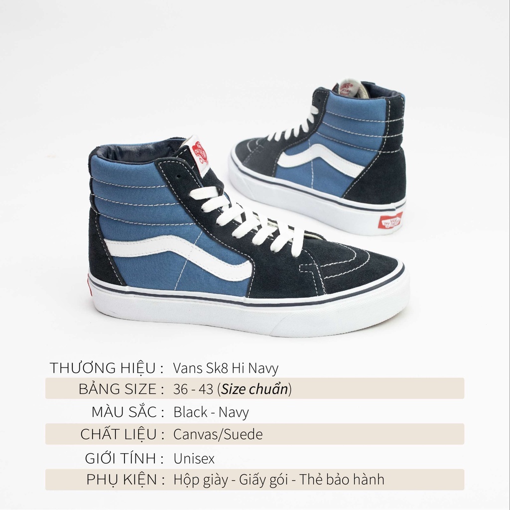 Vans sk8 navy cổ cao CHÍNH HÃNG nam nữ, giày vans cao cấp chuẩn full box