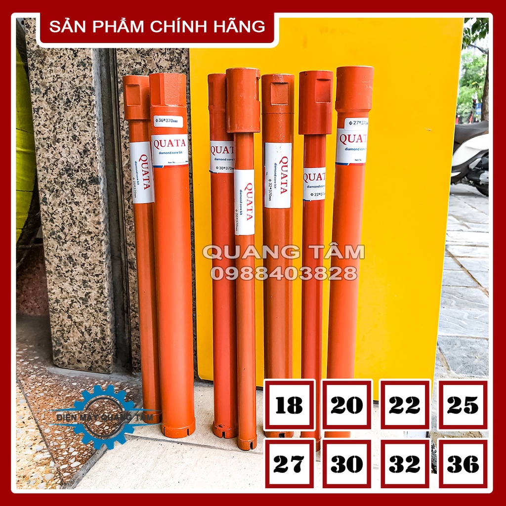 Mũi Khoan Rút Lõi Bê Tông phi từ 18 - 20 - 22 - 25 - 27 - 30 - 32 - 36 mm x 370mm QUATA