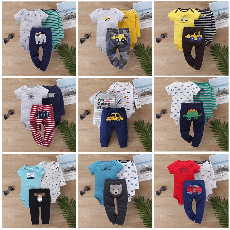 Combo bộ đồ bé trai 3-24 tháng Cotton hoạt hình khủng long dài tay bodysuit liền thân quần dài set mùa hè thời trang cho bé trẻ em sơ sinh