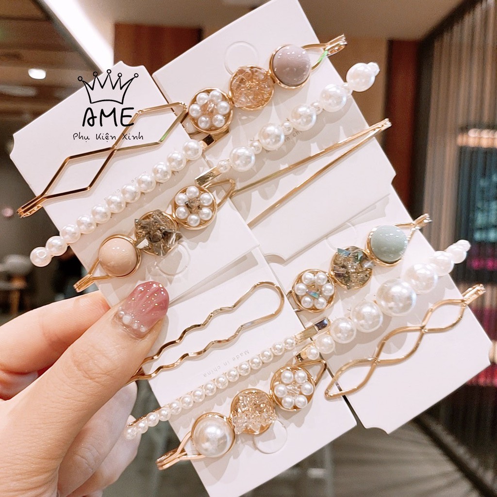 Bộ kẹp tóc đính đá cặp tóc ngọc kim loại Hàn Quốc Ame Beauty