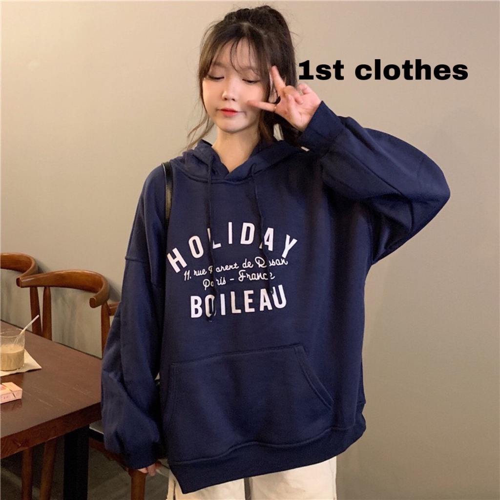 Áo họa tiết HOLIDAY có mũ tay dài chất nỉ dày mịn thu đông 1st clothes