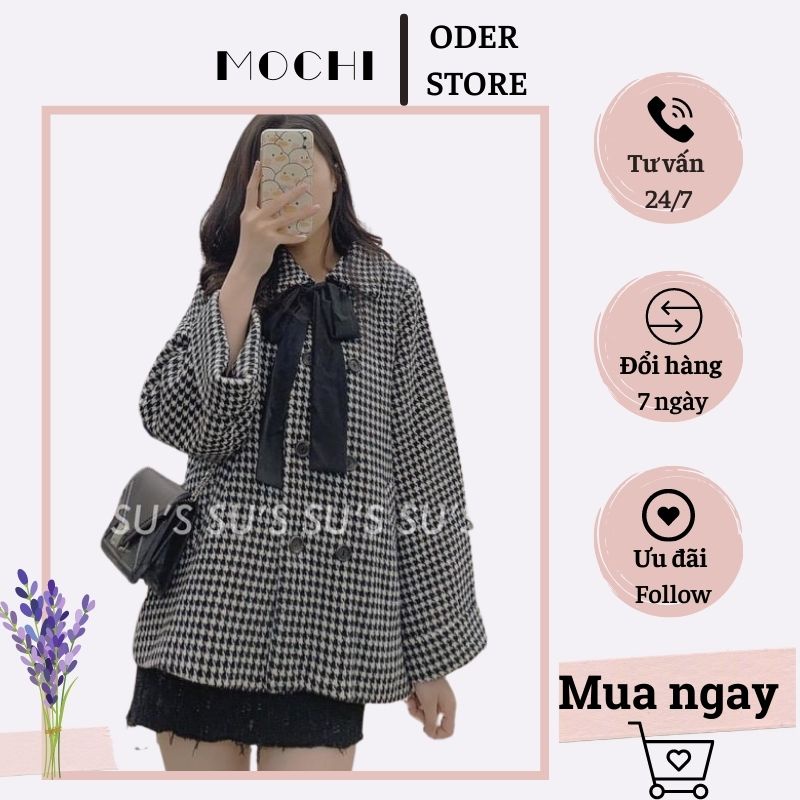 Áo dạ nữ kẻ thắt nơ, chất dạ dày dặn, ấm áp, phong cách tiểu thư Hàn Quốc